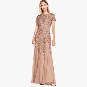 Adrianna Papell HAND BEADED SHORT SLEEVE FLORAL GODET GOWN IN ROSE GOLD Size 6